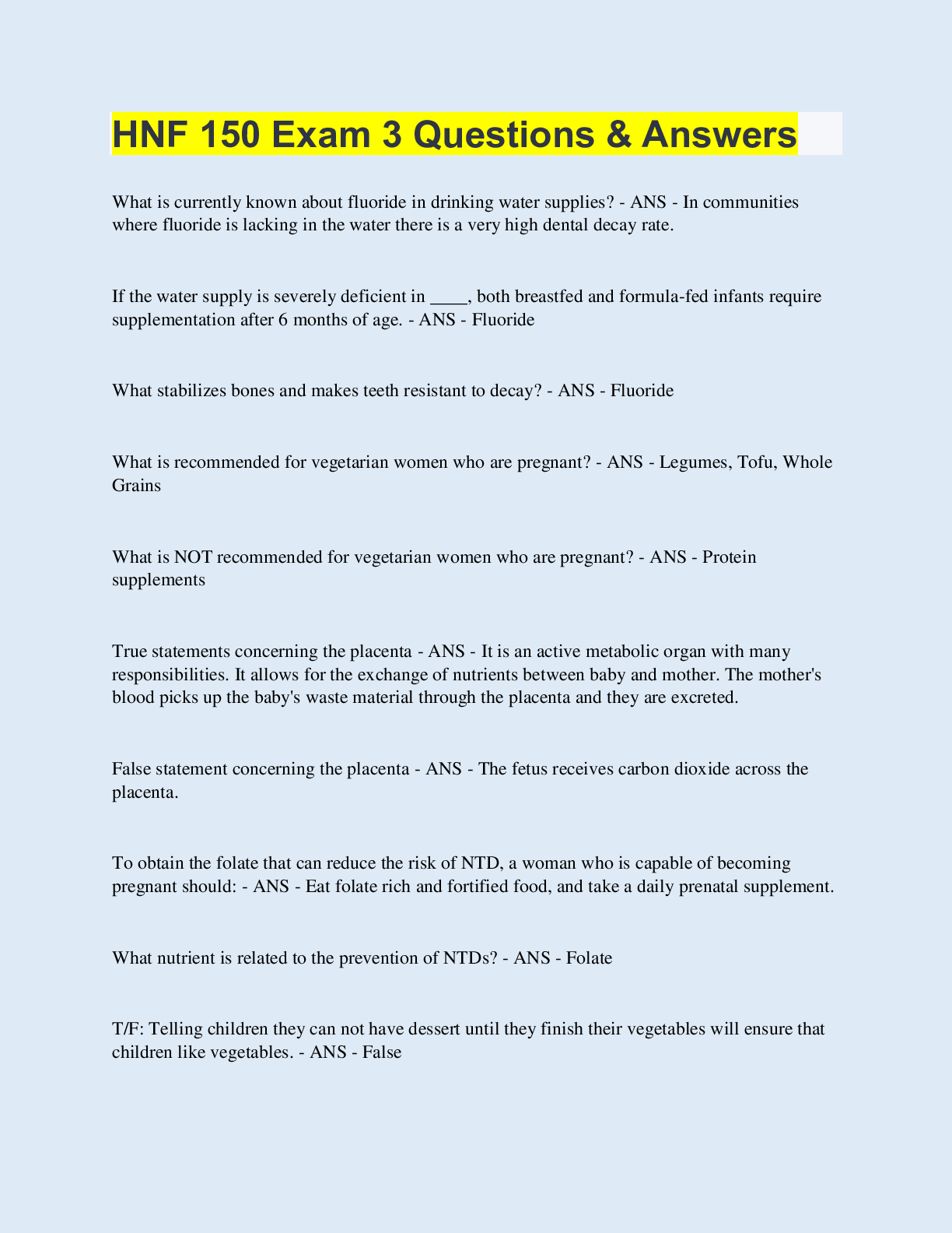 Preview image for HNF 150 Exam 3 Questions & Answers | 100 Questions with 100% Correct Answers | Updated & Verified